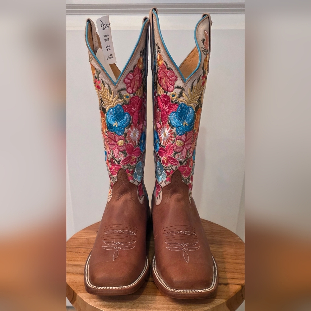 Embroidered Floral Western Boots - Brown Leather